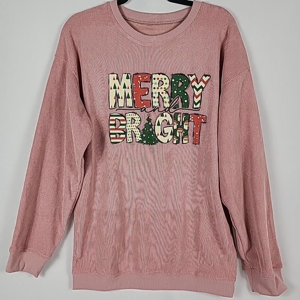 Women's Pink Knitted Christmas 'Merry Bright' Crewneck Long Sleeve Pullover Sz M
